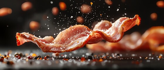 Flying bacon in action with falling pepper and salt, dark background, dynamic advertising design, crispy bacon texture, seasoning floating as decorative accents, dramatic visuals