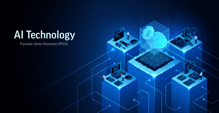 AI technology 3D brain icon vector illustration. Isometric computer tech, digital data network concept. Neural business system banner design. Blue server background. Abstract office building, teamwork