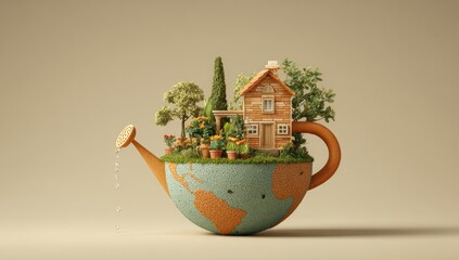 Whimsical image of a house and garden thriving on a watering can shaped like Earth