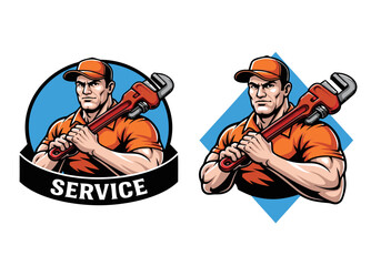 Vibrant cartoon plumber mascot logo proudly holding a large wrench, symbolizing reliable service and expertise in home maintenance and repair solutions