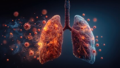 Artistic depiction of a pair of glowing lungs, impacted by virus particles, against a dark backdrop