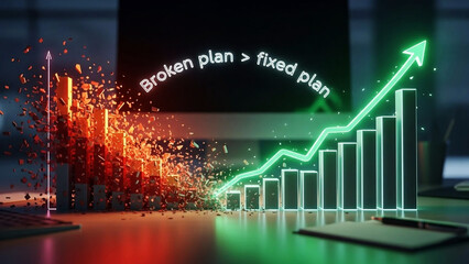 Broken plan | fixed plan Exploding orange bar graph transforming into green upward trend