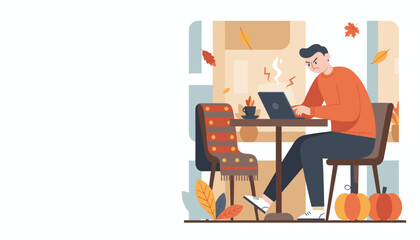 Frustrated man facing computer issues while working remotely at a cozy autumn coffee shop