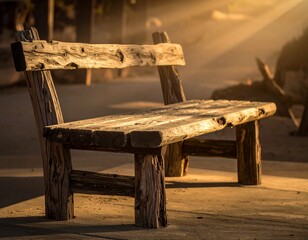 Minimal Rustic Bench from Driftwood Reflecting Warm Light