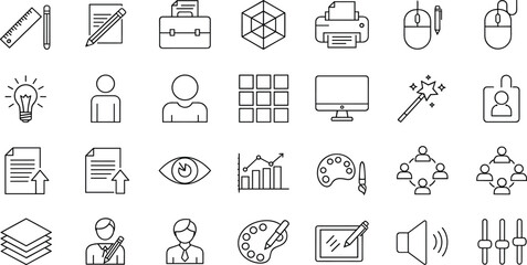 Collection of linear vector icons for graphic design, business office, digital creativity, computer technology, and modern user interface elements. © Ershad