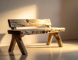 Rustic Bench Crafted from Driftwood with Warm Light Reflection
