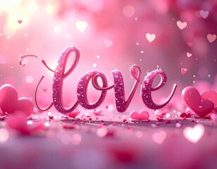 Walentynki. Różowy napis Love z serduszkami na różowym tle. Kartka Walentynkowa. 