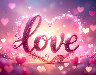Walentynki. Różowy napis Love z serduszkami na różowym tle. Kartka Walentynkowa. 