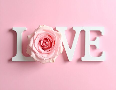 Miłość. Białe duże drukowane litery tworzące napis LOVE na r&oacute;żowym tle. Duża litera O w postaci r&oacute;ży. Kartka Walentynkowa. 