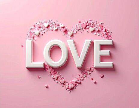 Walentynki, miłość.  Białe drukowane litery tworzące napis LOVE na r&oacute;żowym tle, wok&oacute;ł serce z małych serduszek. 