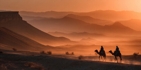moroccan desert landscape at sunset, bedouins riding camels in sahara sunset, nomadic caravan in moroccan desert dusk