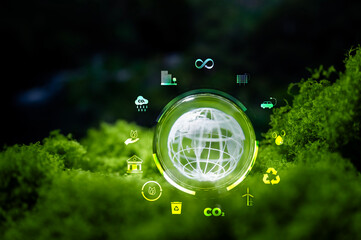 Renewable energy concept Earth Day or environment protection Hands protect forests that grow on the ground and help save the world.