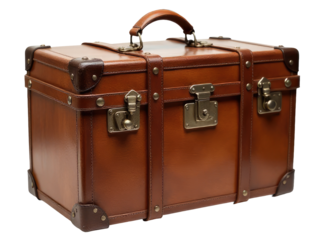 A brown leather suitcase sits on a white surface, waiting to be packed or unpacked