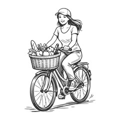 Woman riding bicycle with grocery basket, black and white hand drawn line art vector illustration of healthy lifestyle and daily routine
