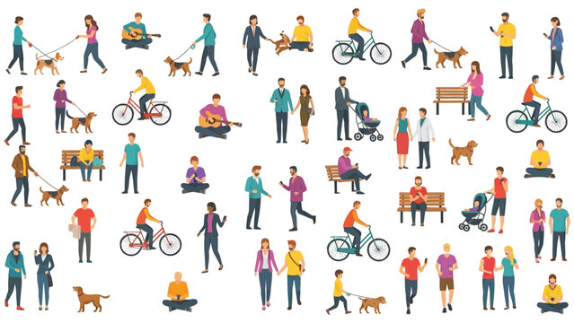 Crowd of tiny people walking with children or dogs, riding bicycles, standing, talking, and running. Cartoon men and women performing outdoor activities on a city street. Flat, colorful vector illustr