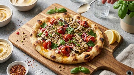 Vegan flatbread topped with grilled eggplant and fresh vegetables  