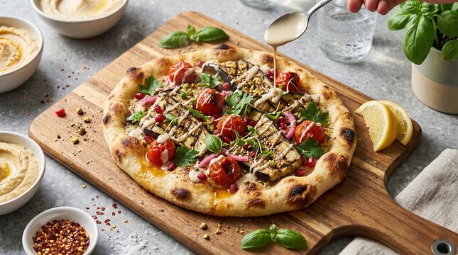 Vegan flatbread topped with grilled eggplant and fresh vegetables  