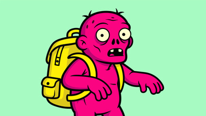 Obraz premium Cartoon Zombie Student with Backpack Illustration on Green Background.