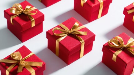 Obraz premium Red Gift Boxes with Gold Ribbons on White Background for Holiday Celebrations