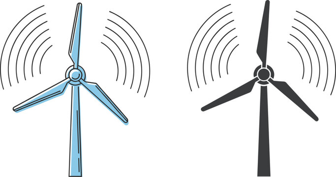 Wind turbine energy vector set featuring rotating blades renewable power electricity and eco technology symbols