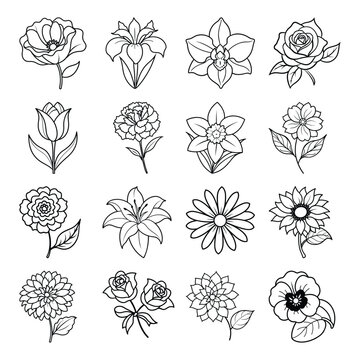 16 Creative flower line icon set, Vector line art. editable stroke for versatile use in projects