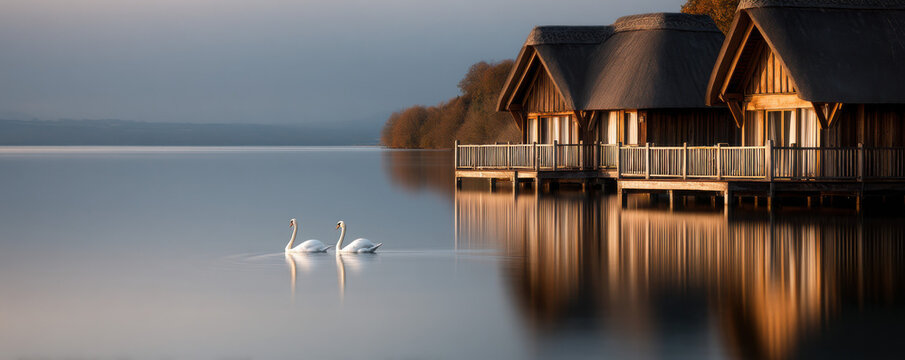 Serene swan encounter at lakeside houses various locations natural landscape surrounded by nature