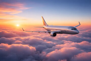Commercial airplane flying above clouds at golden sunset
