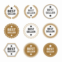 Obraz premium Best seller icon badge set vector illustration, featuring bestseller logo labels, promotional tag designs, gold award stamps, ribbon stickers, star elements and premium sales badge graphics