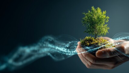  Futuristic ESG Advertising Visual Showing Human Care for Nature with Digital Glow and Copy Space