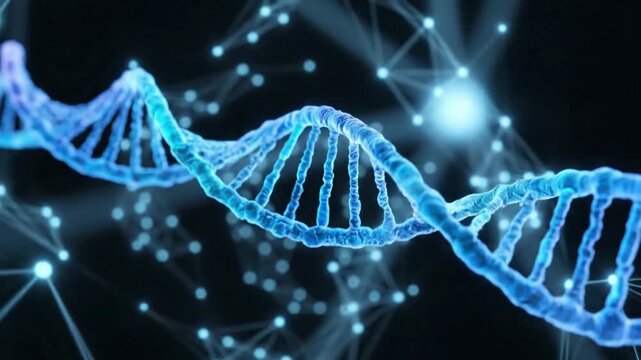 A glowing blue DNA double helix structure against a dark background with abstract network connections, representing genetics and biotechnology.