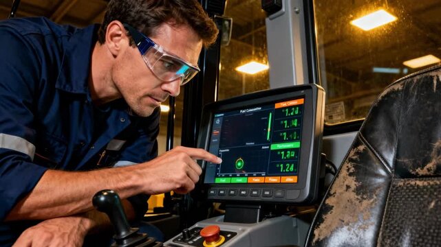 Close view of a technician analyzing onboard fleet data in heavy machinery to reduce fuel consumption and maximize operational productivity.