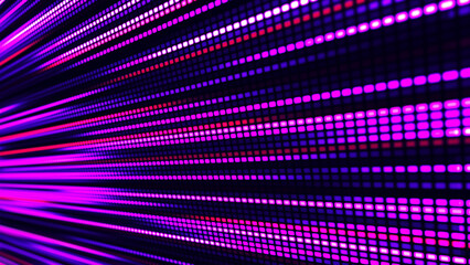 Digital flow. Light dynamics and pixel energy. The illustration shows a bright LED panel where bright multi-colored stripes create the effect of movement and energy. Vector illustration.