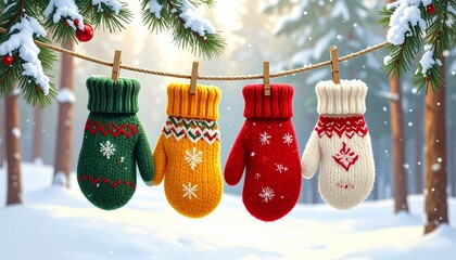“Three colorful winter mittens hanging on clothesline with clothespins in snowy forest and sunlight”