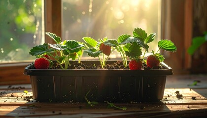 “Black rectangular planter with strawberry plants and ripe red strawberries on wooden surface near sunlit window”