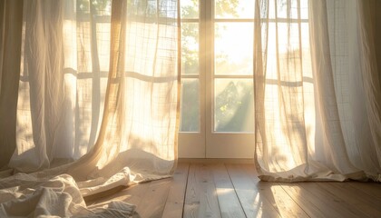 “Sheer white curtains billowing in front of sunlit window with warm glow on wooden floor and trees outside”