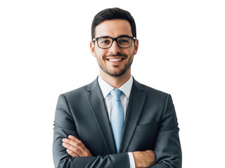 Smiling businessman with glasses and a dark suit, arms crossed, looking professional and approachable. isolated on transparent background