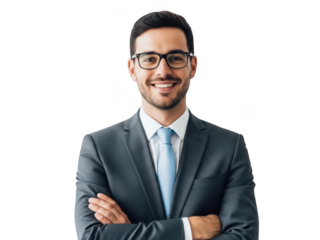 Smiling businessman with glasses and a dark suit, arms crossed, looking professional and approachable. isolated on transparent background