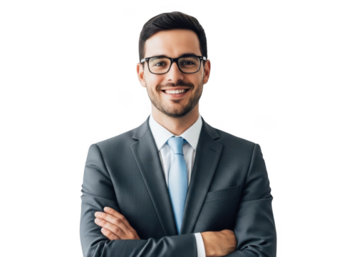 Smiling businessman with glasses and a dark suit, arms crossed, looking professional and approachable. isolated on transparent background - Powered by Adobe