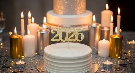 New Year 2026 Cake with Candles and Glittery Decor