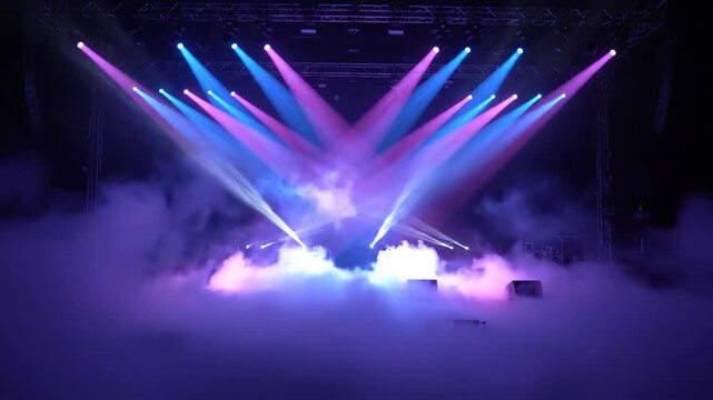 Dynamic concert stage with moving spotlights and thick fog. Vibrant blue, pink, and purple light beams create a dramatic atmosphere for a show or event. Copy space available.