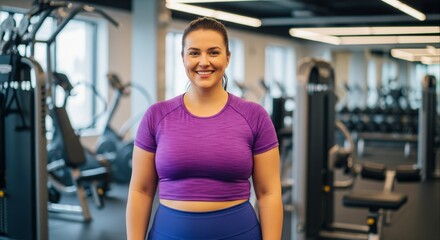 Confident Smiling Woman in Athletic Wear Standing in Modern Gym