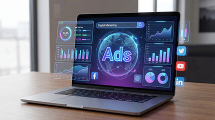 Fototapeta premium A modern 3D illustration of a business laptop with digital credit cards and money on the keyboard, representing online payment technology and secure internet banking concepts