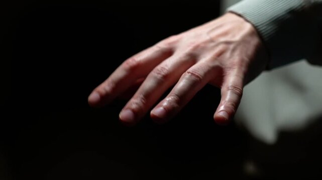 A man with a hand tremor.
Parkinson's disease in humans.
A man with a trembling hand against a dark background.
Health, tremor, tremors, hand