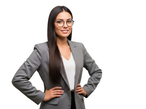 Confident businesswoman in a gray suit and glasses, hands on hips, smiling with a strong and assured presence. isolated on transparent background