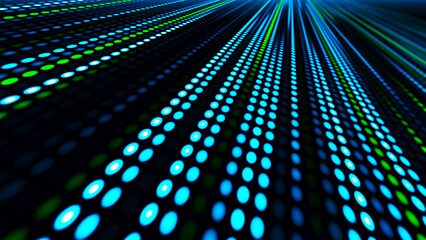 The illustration shows a bright LED or pixel panel where bright stripes of blue, green and white light create an effect of movement and energy. Digital flow. Dynamics of light and pixel energy.