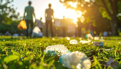 Plastic bottle litter scattered across a grassy park at sunset, highlighting environmental pollution and the need for clean-up efforts