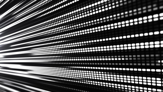 The illustration shows a bright LED or pixel panel, where bright stripes of white and black create an effect of movement and energy. Digital flow. The dynamics of light and the energy of pixels.