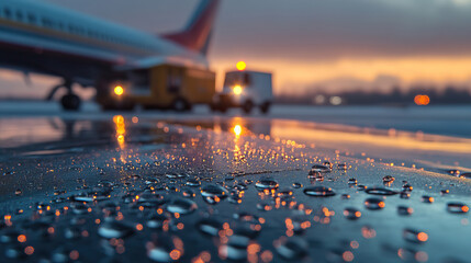 Rainy airport scene, Early morning aviation activities with rain and lighting effects