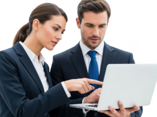 Business team collaborating on a laptop, a man and woman in suits working together intently. isolated on transparent background