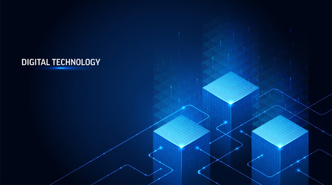 Isometric data technology network 3D vector illustration with digital server platforms and cubes connected by lines. Abstract cloud, AI blockchain infrastructure concept. Futuristic blue background - Powered by Adobe